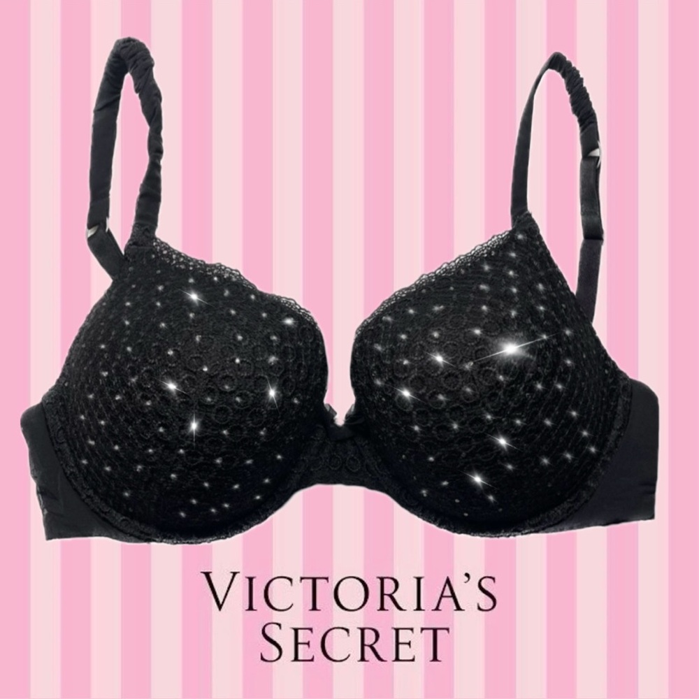 Victoria’s Secret BioFit Demi Uplift Bra Black Lace Crystal Studded 38D
